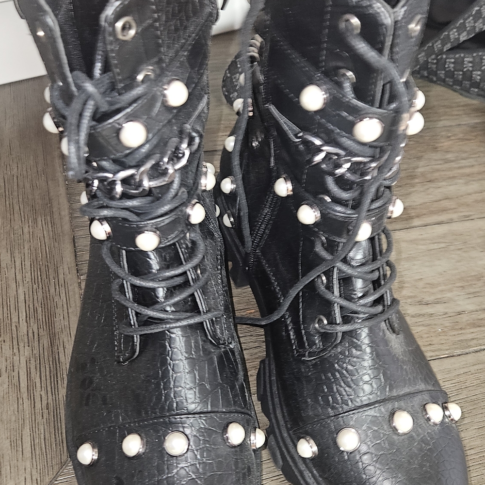 Never Worn,Black Combat Boots w/ Pearl,Chain Details,  Side Zipper,Front Lace Up